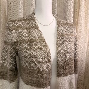 Love Ellie Cardigan Sweater‎ Open Front Knit Brown Cream Fair Isle Small